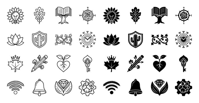Collection of minimalist hybrid conceptual icons blending nature and industry symbols with linear and solid versions featuring plant and tool fusion