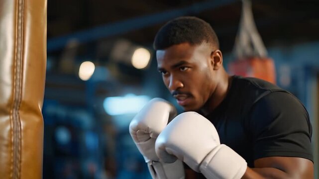 A training session featuring a punching bag, where individuals are refining their boxing techniques and improving their physical fitness, surrounded by a motivating atmosphere filled with energy