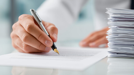 close-up of hands signing a procurement contract with organized documentation and purchase files neatly stacked, corporate setting