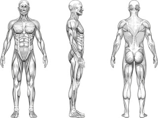 Human muscular anatomy illustration showing front side and back views isolated on light background, medical education reference for muscles, fitness, healthcare and biology study