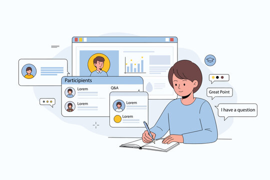 Online learning session with a student taking notes and a virtual classroom