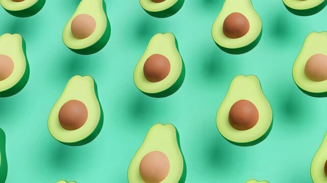 Avocado halves arranged in a pattern on a green background.
