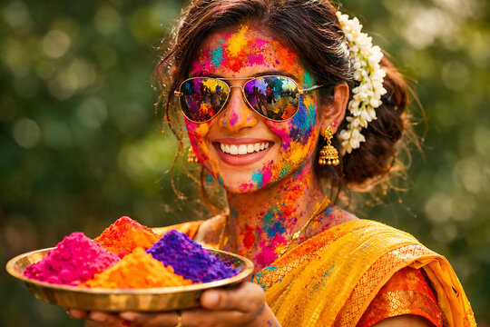 Beautiful smiling indian woman wearing sunglasses covered in vibrant colors holding plate of bright colored powder during traditional holi holika dhan and joyous rang panchami