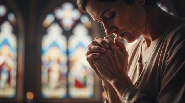Senior woman praying with hands clasped in church. Elderly female believer profile with stained glass background