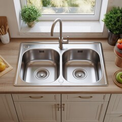 Soft modern kitchen scene with a double stainless‑steel sink, wooden counter, and natural daylight, forming a calm minimalist composition with clean textures and gentle tones.