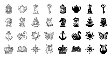 Naklejka premium Hand drawn hybrid icon collection featuring vintage objects merged with organic floral elements in both delicate line art and bold solid silhouette styles