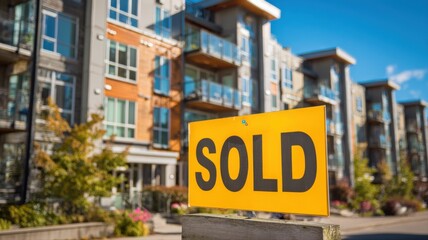 Obraz premium Residential Condo Unit Sold, Exterior View with Sold Sign on Sunny Day, Real Estate Concept