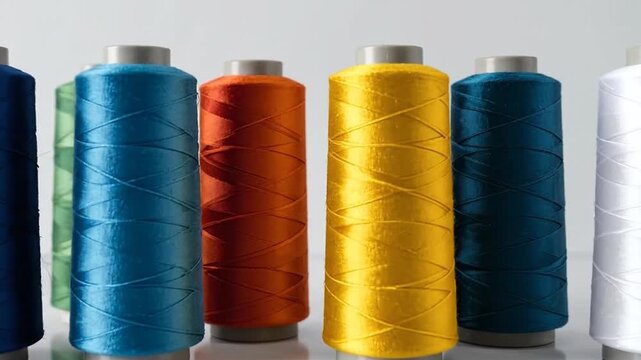 Vibrant spools of thread in various colors arranged neatly against a clean, neutral background.
