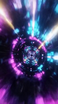 Dynamic neon light tunnel with glowing blue and purple patterns, ideal for futuristic backgrounds or digital art. Vertical. Video. Portrait Orientation.