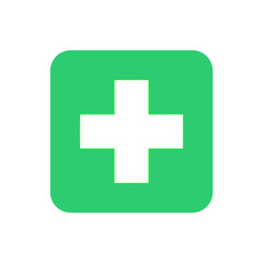 Fototapeta premium First Aid Medical Cross Icon on Green Square Background Flat Vector