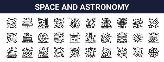 Set of 30 thin line space and astronomy icons including planet, jupiter, pluto, asteroid, eclipse, star, galaxy. Vector outline illustration for web and app design © Munis