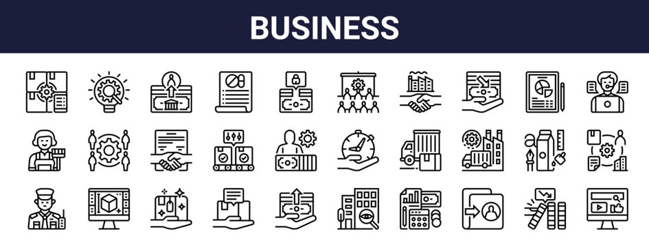 Set of 30 thin line business and logistics icons including inventory, supplies, expense, shipping, branding, finance. Editable stroke vector illustration