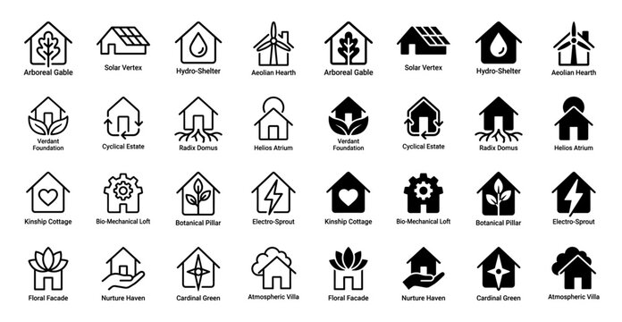 Sustainable architectural icons merging residential home outlines with organic elements like leaves roots and wind turbines in linear and solid styles