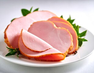 Sliced Ham on White Plate Garnished.