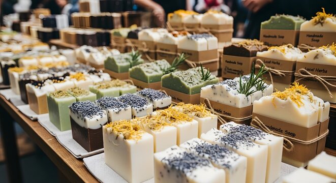 Artisanal soaps on display at a market stall