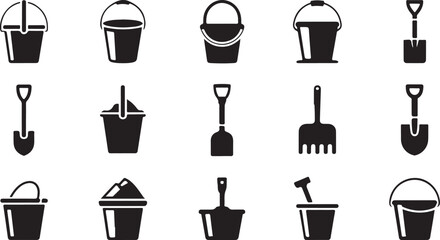Fifteen black silhouette beach toys including buckets and shovels on a white background © Sabbir Art Express
