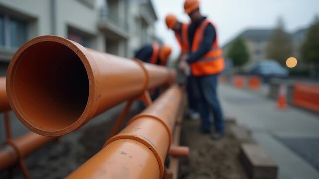 Construction workers installing orange sewage plastic pipe system during residential house construction project building plumbing infrastructure sanitation system implementation