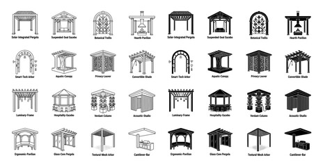 Naklejka premium Collection of modern outdoor structure icons featuring hybrid architectural designs like solar pergolas smart arbors and botanical trellis systems