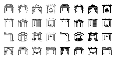 Naklejka premium Outdoor structure icon set featuring hybrid pergola designs with integrated hammock seating fire pit and garden gazebo elements in line and solid style