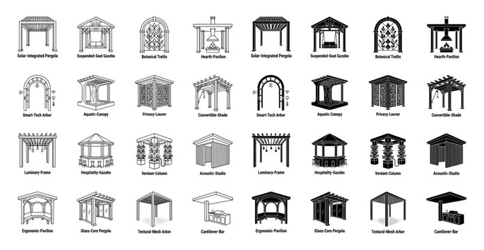 Collection of modern outdoor structure icons featuring hybrid architectural designs like solar pergolas smart arbors and botanical trellis systems