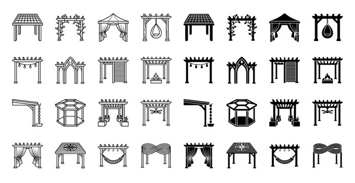 Outdoor structure icon set featuring hybrid pergola designs with integrated hammock seating fire pit and garden gazebo elements in line and solid style