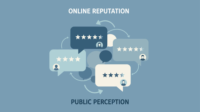 Online Reputation and Public Perception Illustrated with Star Ratings and Feedback Bubbles.