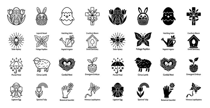 Easter and Spring themed hybrid icon collection featuring creative fusions like floral crosses butterfly foliage and avian nest symbols in line and solid style