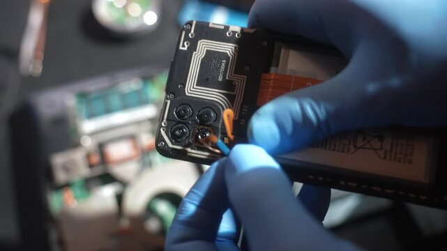 Close up of a technician hands in gloves carefully working on smartphone microchips with precision tools, highlighting the intricate process of electronic repair.