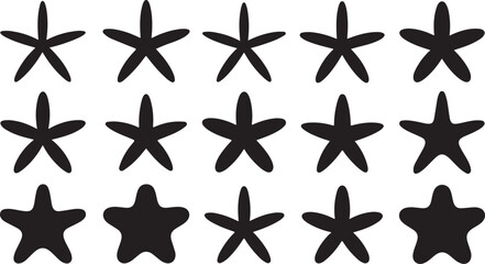 Obraz premium Fifteen black silhouette starfish arranged in three rows on a white background marine life