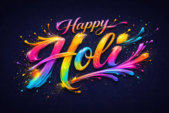 Colorful happy holi typography painted with bright vibrant liquid colors splattering on dark background for traditional holika dhan and joyful rang panchami spring holiday celebration