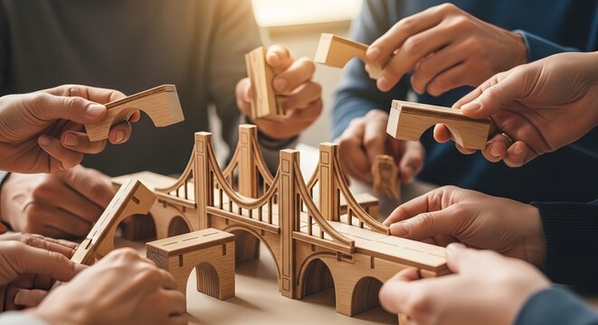Hands building a wooden bridge model together