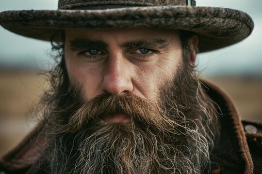 Portrait of a hunter with a long beard wearing a brown hat in the wilderness
