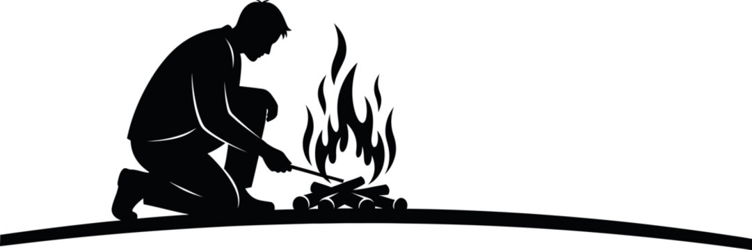 Silhouette of a man and child building a campfire