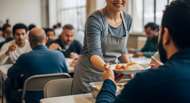 Woman serving food to people sitting at tables in a communal dining setting