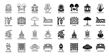 Hybrid garden icon set featuring creative furniture and outdoor landscaping elements in line and solid silhouette styles for modern exterior design