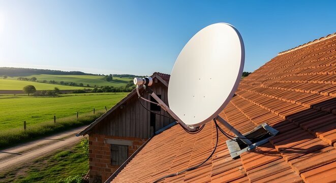 Satellite dish on a rural roof with scenic countryside view
