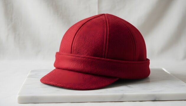 Striking red phrygian cap, a stylish and iconic headwear accessory, displayed on white marble, embodying a fashion and historical concept.