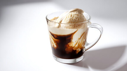 Delicious Dessert Coffee with Vanilla Ice Cream Scoop Meltdown in Clear Glass Mug on White Background for Sweet Refreshment Beverage Menu