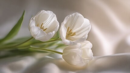 Elegant White Tulips on Soft Fabric, Minimalist Floral Still Life, Symbol of Purity and Grace