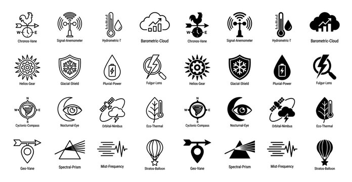 Hybrid meteorological and scientific research icons featuring weather monitoring instruments merged with celestial elements and data analysis symbols in linear and solid styles