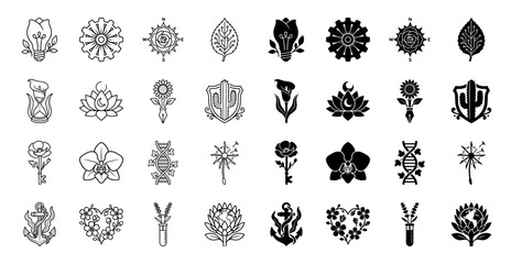 Collection of hybrid botanical and conceptual icons featuring floral elements merged with mechanical tools scientific apparatus and symbolic objects