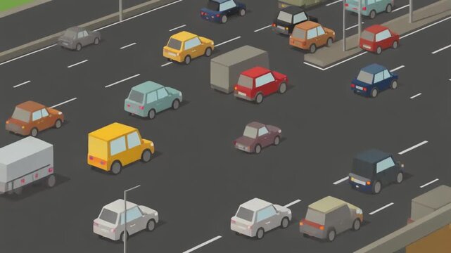 Isometric low poly city traffic animation with colorful cars and truck on road