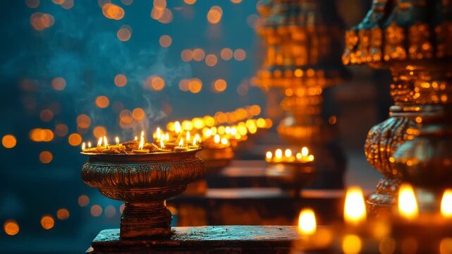 A detailed image of lit candles in ornate vessels, with bokeh lights