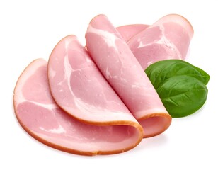 Sliced Ham with Fresh Basil Leaves.