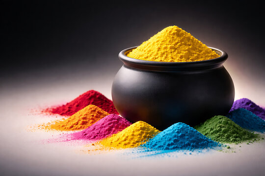 Traditional black pot filled with yellow gulal surrounded by colorful powder piles for the spring festival of holi and holika dahan and also rang panchami
