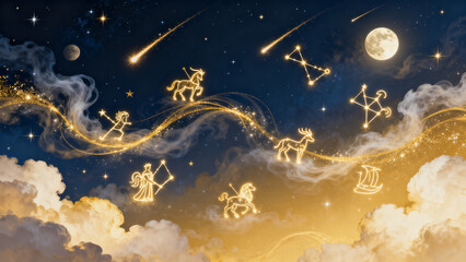 Naklejka premium Glowing zodiac constellations in a dreamy night sky