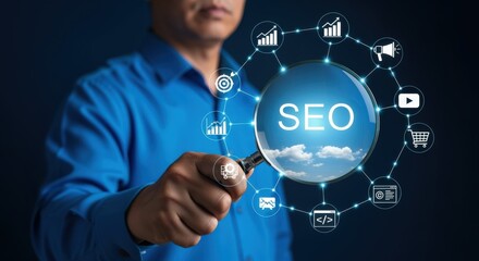 Man Inspecting Online SEO with Magnifying Glass, Business Analytics, and Strategy for Marketing Success