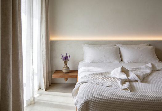 Minimalist bedroom interior with white bedding, warm ambient lighting and sheer curtains, cozy modern hotel room with neutral tones and copy space
