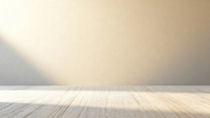 Minimal wooden tabletop with beige wall background