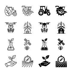 Sustainable smart farming icon set featuring hybrid designs of agricultural machinery with organic elements and renewable energy symbols in outline and solid styles